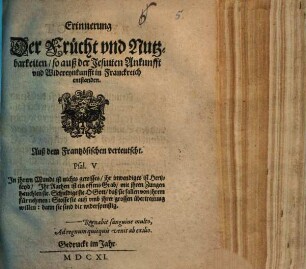 Erinnerung der Frücht und Nutzbarkeiten so auf der Jesuiten ankunfft und wider Einkunfft in Frankreich entstanden