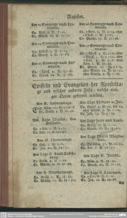 Episteln und Evangelien der Aposteltage und etlicher anderer Feste, welche einiger Orte gefeyert werden