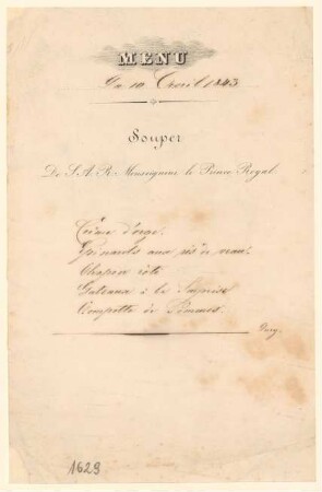Menükarte : Souper de S.A.R. Monseigneur le Prince Royal