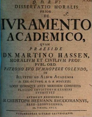 Dissertatio Moralis Prior De Ivramento Academico