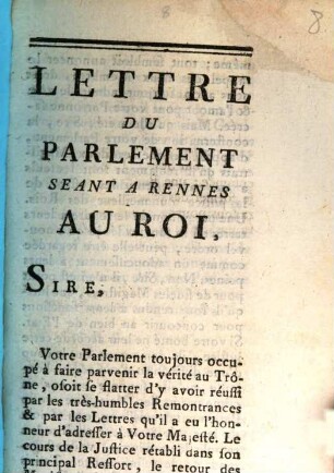 Lettre Du Parlement Seant A Rennes Au Roi