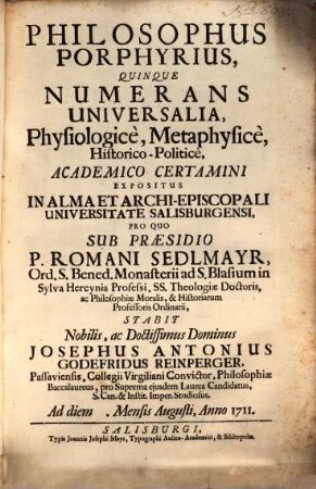 Philosophus Porphyrius, Quinque Numerans Universalia, Physiologicè, Metaphysicè, Historico-Politicè