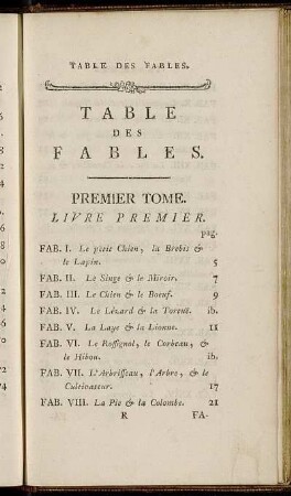 Table des Fables. Premier Tome.