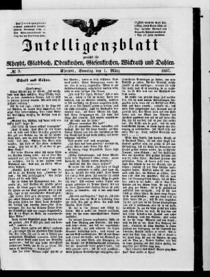 Intelligenzblatt zunächst für Rheydt, Gladbach, Odenkirchen, Giesenkirchen, Wickrath und Dahlen. 1856-1859