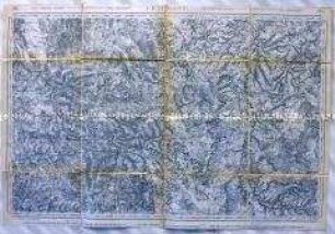 Topographische Karte der Gegend nordwestlich von Chaumont (Haute-Marne) in den französischen Ardennen mit Einzeichnung der Infrastruktur und Einwohnerzahlen (in deutscher und französischer Sprache)