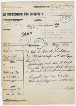 Angeklagter: Hauser, Franz (Landwirt); Obersasbach *14.08.1892 in Sasbachwalden; + ? Delikte: Verbrechen gegen die Kriegswirtschaftsverordnung Schwarzschlachtung Tatort: Obersasbach Tatzeit: November 1939-Dezember 1940