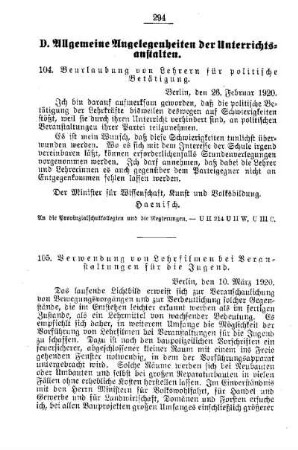 Beurlaubung von Lehrern für politische Betätigung : [D. Allgemeine Angelegenheiten der Unterrichtsanstalten]