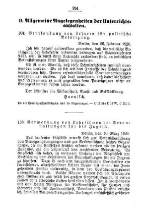 Beurlaubung von Lehrern für politische Betätigung : [D. Allgemeine Angelegenheiten der Unterrichtsanstalten]