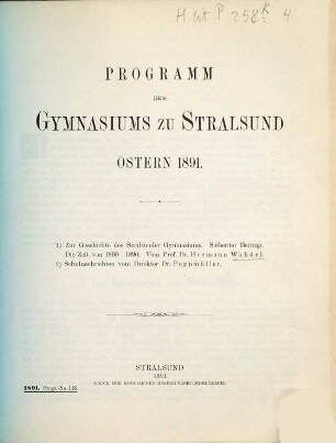 Programm des Gymnasiums zu Stralsund : Ostern .... 1890/91