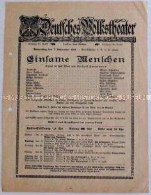 Theaterprogramm des Deutschen Volkstheaters zu dem Drama "Einsame Menschen" von Gerhart Hauptmann