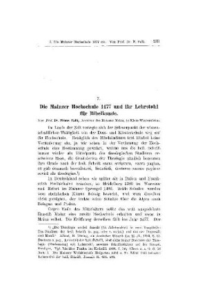 Die Mainzer Hochschule 1477 und ihr Lehrstuhl für Bibelkunde