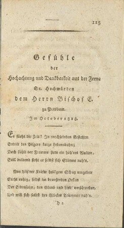 Gefühle der Hochachtung und Dankbarkeit aus der Ferne Sr. Hochwürden dem Herrn Bischof E. zu Potsdam.