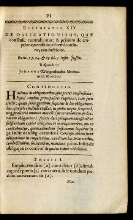 Disputatio XIV. De Obligationibus, Quae consensu contrahuntur; & primum de emptione, venditione: item locatione, conductione