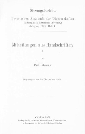 Mitteilungen aus Handschriften. 1 : vorgetragen am 10. November 1928