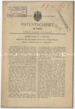Patentschrift eines Apparates zur Erzeugung äußerster Temperaturen, Patent-Nr. 39280