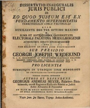 Dissertatio Inauguralis Juris Publici De Eo Quod Justum Est Ex Fundamento Superioritatis Territorialis Circa Vectigalia