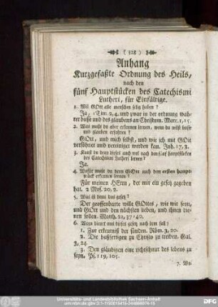 Anhang Kurzgefaßte Ordnung des Heils, nach den fünf Hauptstücken des Catechismi Lutheri, für Einfältige.