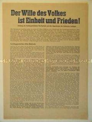 Flugblatt mit dem Text einer Erklärung des Sächsischen Landtages zur Einheit Deutschlands und zur Erhaltung des Friedens