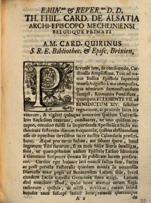 Ad Eminentiss. & Reverend. Dominum Dominum Thomam Philippum Cardinalem De Alsatia, Archi-Episcopum Mechliniensem, Belgique Primatem Epistola
