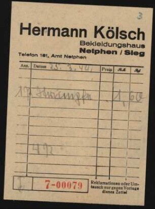 Kölsch, Hermann (Quittung)