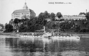 Hirschstein. Schloss mit Elbe und Dampfer Hohenzollern