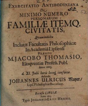 Exercitatio antibodiniana de minimo numero personarum familiae itemq. civitatis