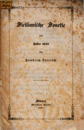 Sicilianische Sonette vom Jahre 1845