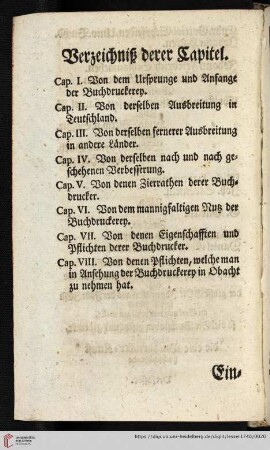 Verzeichniß derer Capitel