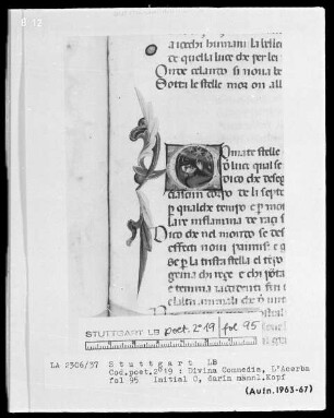 Dante, Divina Commedia und Cecco d'Ascoli, L'Acerba — Textseite mit zwei historisierten Initialen, Folio 95recto