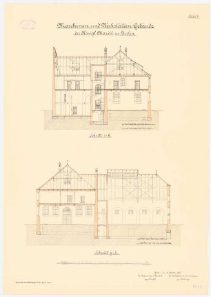 Küchen-, Maschinen- und Werkstättengebäude der Charité, Berlin: Maschinen- und Werkstättengebäude: Querschnitte 1:100