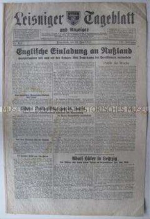 Regionale Tageszeitung "Leisniger Tageblatt" u.a. zu britisch-sowjetischen Verhandlungen