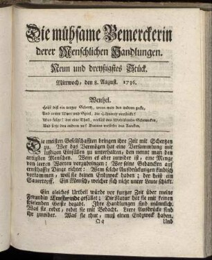 Neun und dreyßigstes Stück. Mittwoch, den 8. August. 1736.