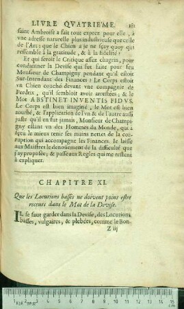 Chapitre XI. Que les Locutions basses ne doivent point estre receuës dans le Mot de la Devise.