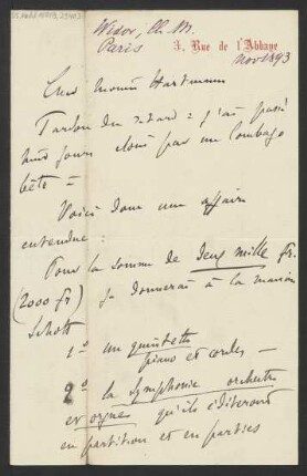 Brief an ... Hartmann und Maison Schott Editeur <Paris> : 16.10.1893