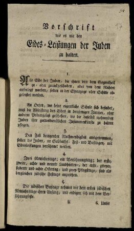 Vorschrift wie es mit den Eides-Leistungen der Juden zu halten