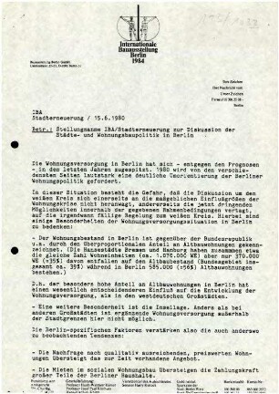 IBA-Stellungnahme: Städte- und Wohnungsbaupolitik in Berlin