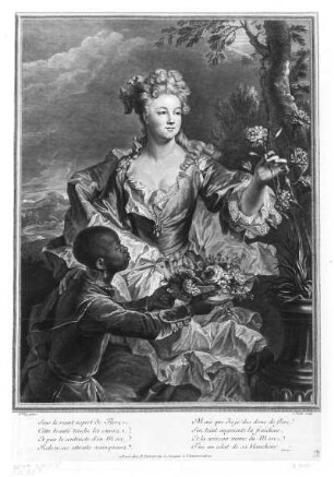 Bildnis einer Dame als Flora mit Negerpagen : La Vallée, Simon de nach Rigaud, Hyacinthe. Bildnis einer Dame als Flora mit Negerpagen. Kupferstich; 45,4 x 31 cm. Dresden: Kupferstich-Kabinett A 75 180 in A 684 a, b, 4