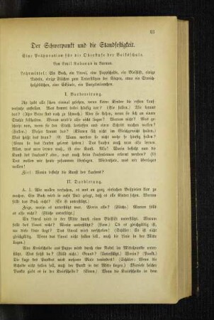 ¬Der¬ Schwerpunkt und die Standfestigkeit : eine Präparation für die Oberstufe der Volksschule