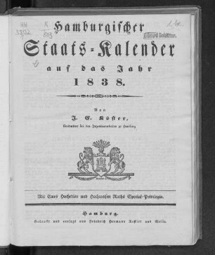 1838: Hamburgischer Staats-Kalender : auf das Jahr