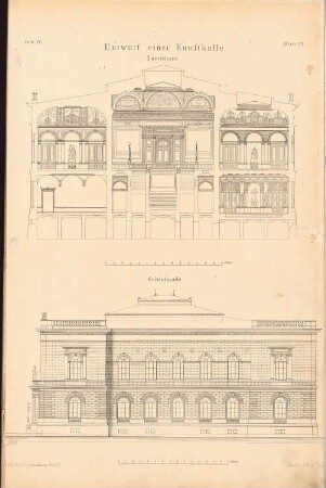 Kunsthalle: Ansicht Seitenfassade, Querschnitt (aus: Entwürfe von Bohnstedt, Heft I-VIII, 1875-1877)