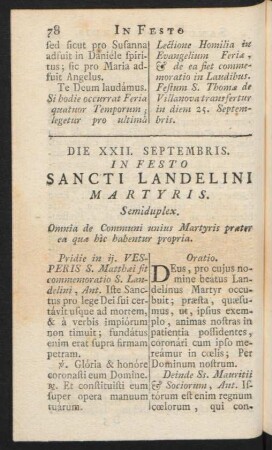 Die XXII. Septembris. In Festo Sancti Landelini Martyris. Semiduplex