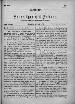 Beiblatt zur hamburgischen Handelsgerichts-Zeitung No. 27. Elfter Jahrgang. Hamburg, 31. Juli 1878.