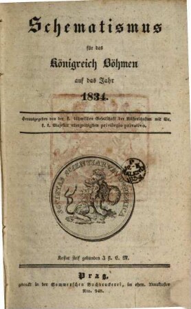 Schematismus des Königreichs Böhmen : auf d. Jahr .... 1834, 1834