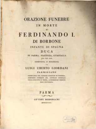 Orazione funebre in morte di Ferdinando I. di Borbone, Infante di Spagna