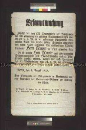 Maueranschlag: Bekanntmachung über die Wahl des Oberbefehlshabers der Bürgerwehr Rimpler; Berlin, 4. August 1848