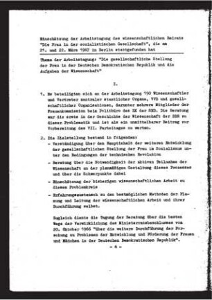 Einschätzung der Arbeitstagung des wissenschaftlichen Beirats "Die Frau in der sozialistischen Gesellschaft" vom 21./22. März 1967 in Berlin