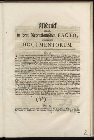 Abdruck einiger, in dem Reventlauischen Facto, angezogenen Documentorum : [Geben in des Herrn Herzogs Carl Peter Ulrichs Stadt Kiel, den 21ten Nov. 1740.]