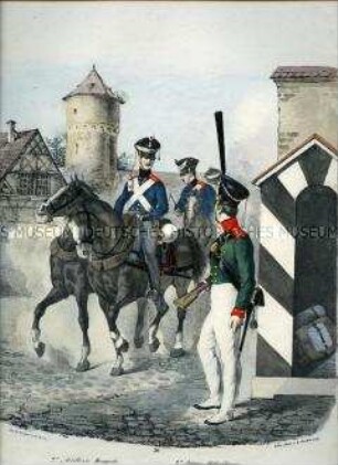 Uniformdarstellung, Artilleristen zu Pferd der 2. Artillerie-Brigade, Jäger am Wachhaus der 2. Jäger-Abteilung, Preußen 1830. Aus: Elzholz u.a.: Das Preussische Heer. Tafel 30.
