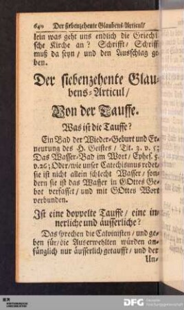 Der siebenzehente Glaubens-Articul / Von der Tauffe.