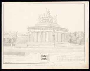 Denkmal Friedrich des Großen im Lustgarten, Berlin: Perspektivische Ansicht als Quadriga, Grundriss, Lageplan (aus: Sammlung Architektonischer Entwürfe, Berlin 1858)
